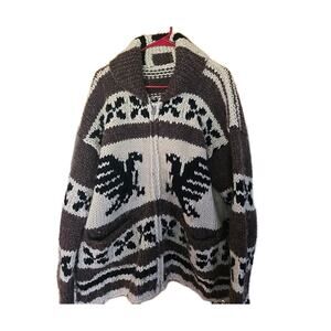 Cowichan Knit Sweater Thunderbird Pattern Vintage Brown Ivory Size L/XL